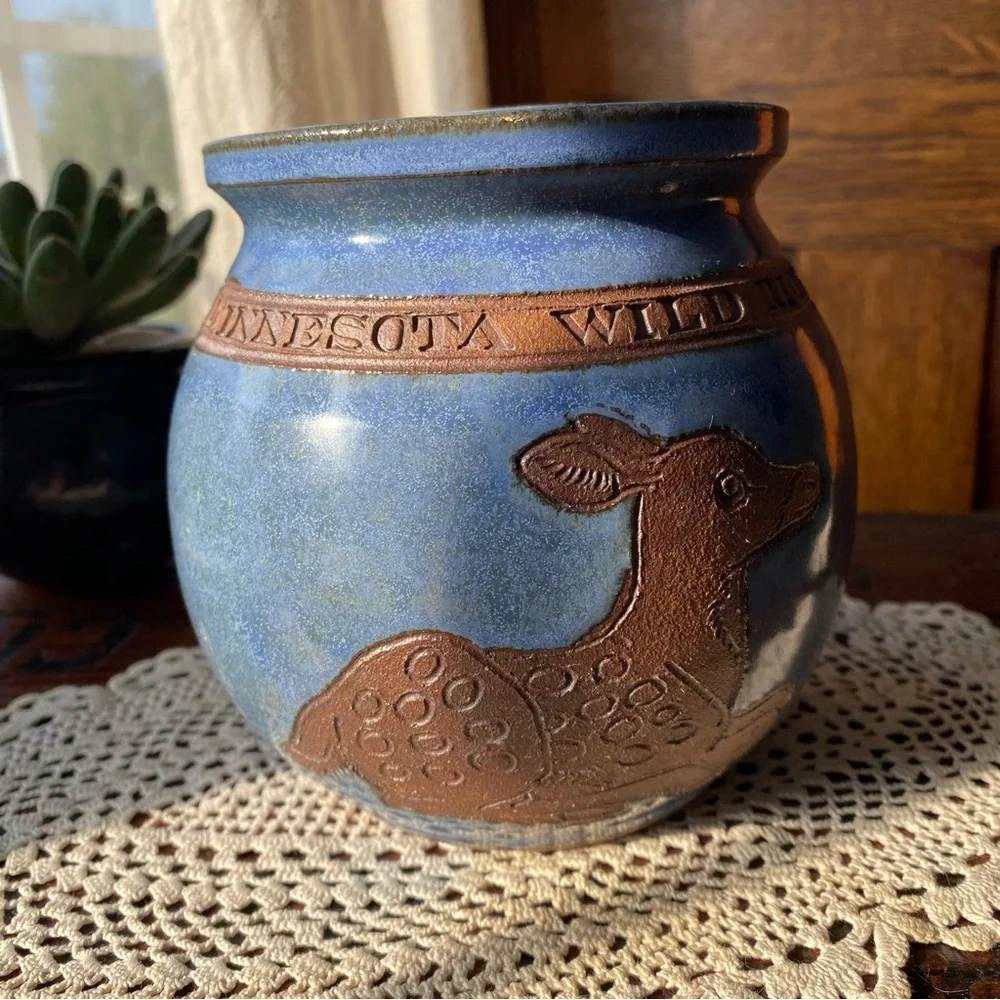 Vintage 1987 Studio Pottery Minnesota Wild Rice Blue Canister Crock Handmade EUC